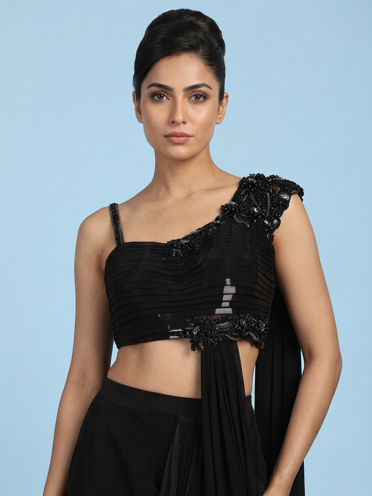 Black women sculpted glam ready to wear saree