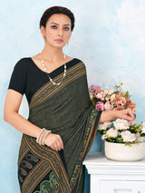 Black paisley printed crepe silk saree