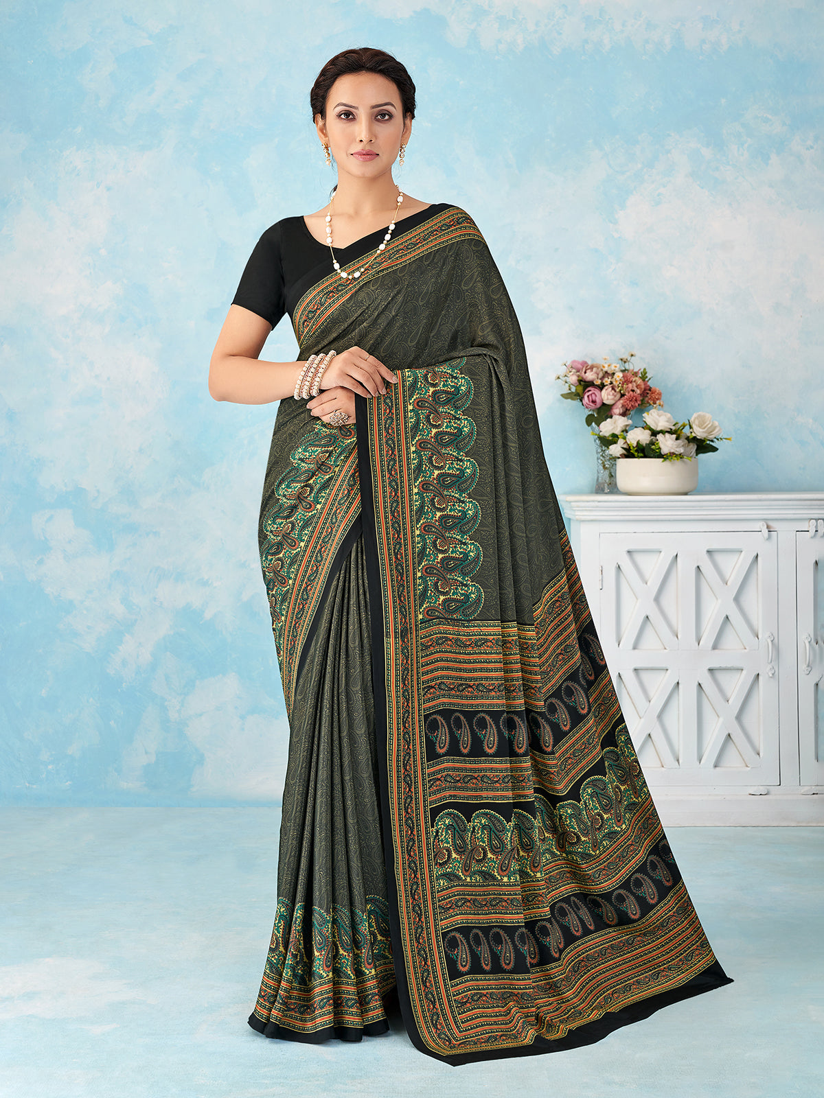 Black paisley printed crepe silk saree