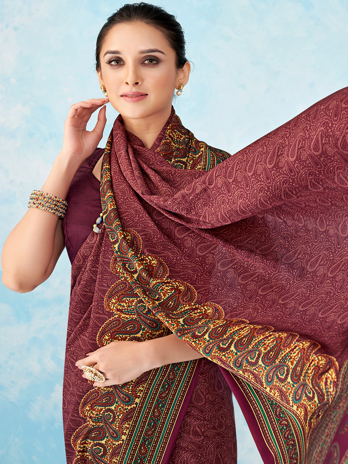 Pink crepe silk printed saree with unstitched blouse