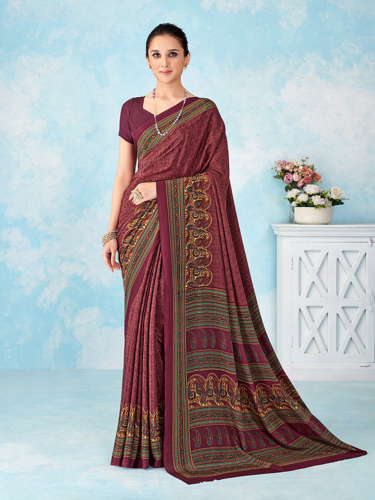 Pink crepe silk printed saree with unstitched blouse