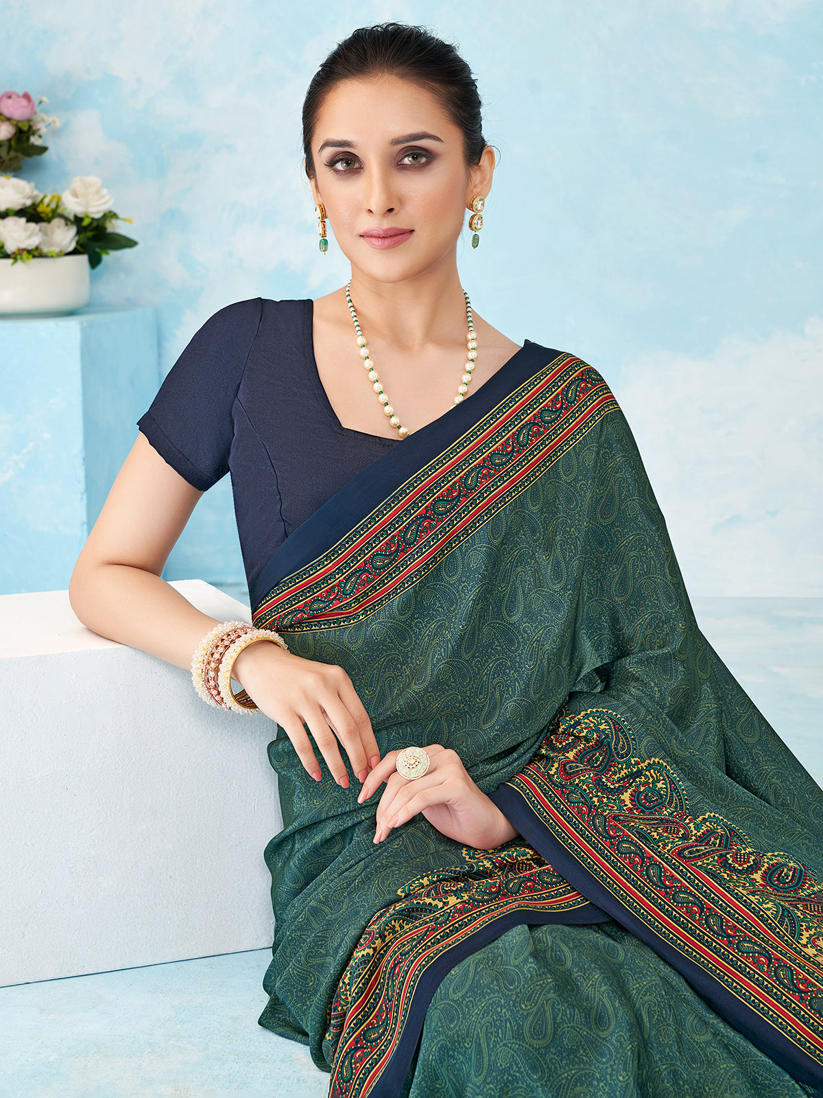 Blue printed saree in crepe silk with unstitched blouse