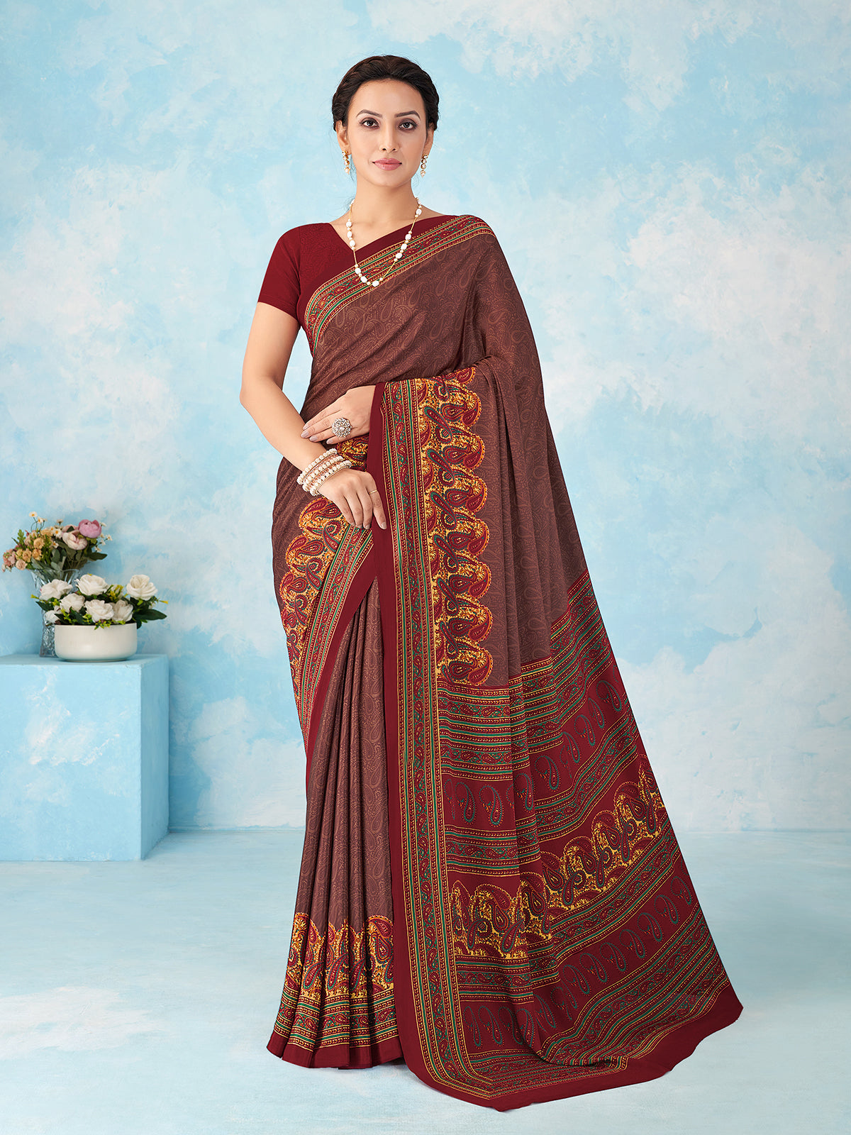 Maroon printed crepe silk saree with unstitched blouse