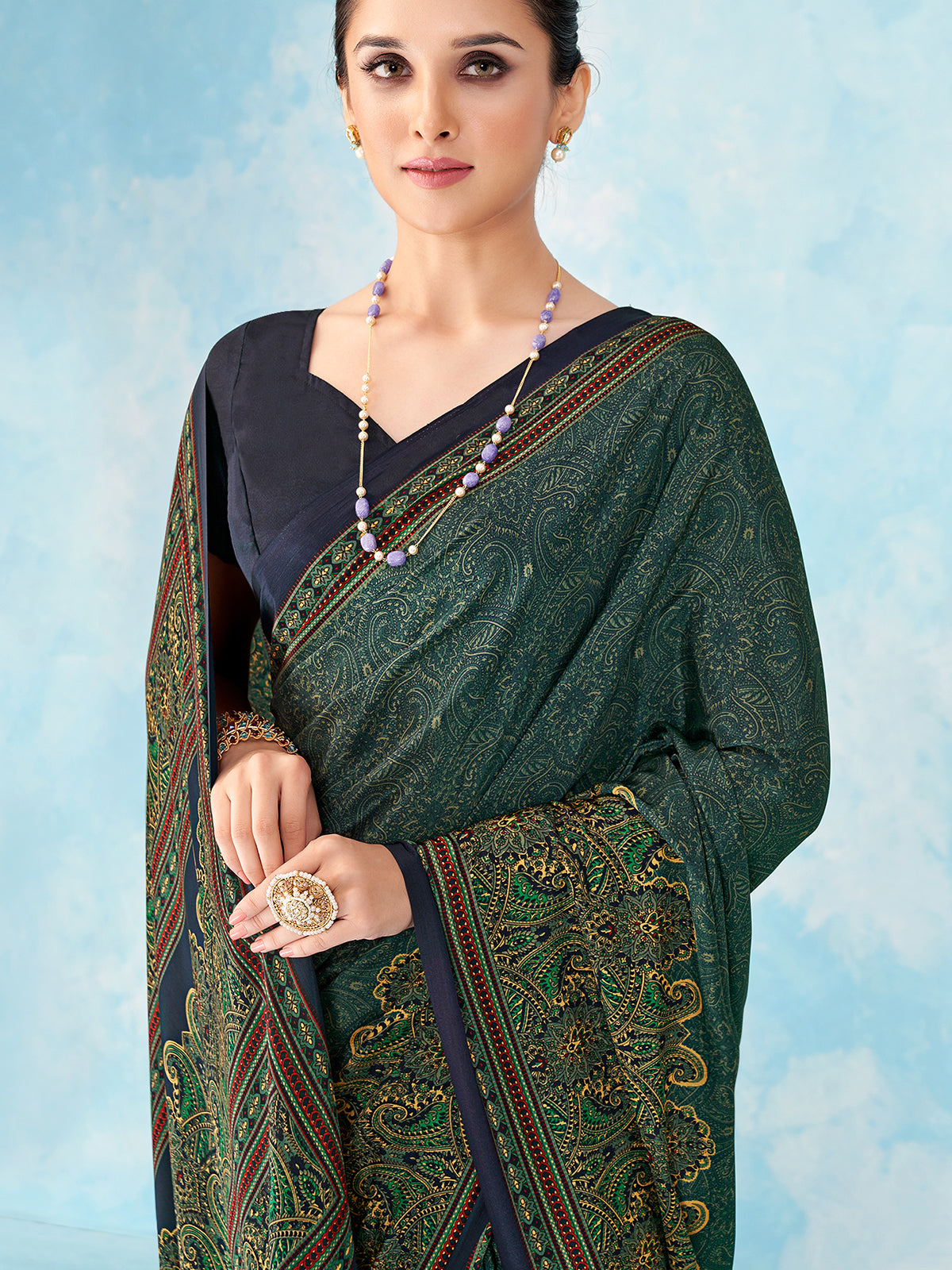 Navy blue printed crepe silk saree