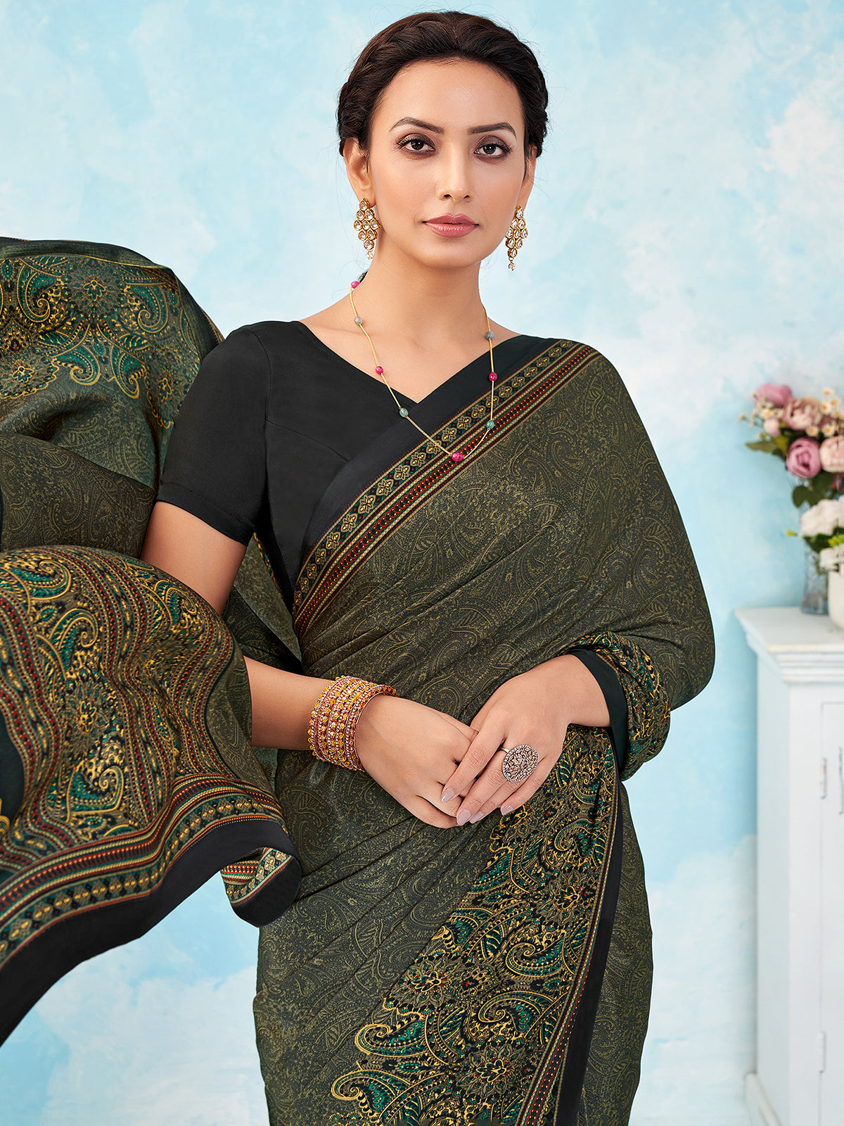 Black damask printed crepe silk saree