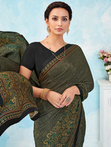Black damask printed crepe silk saree