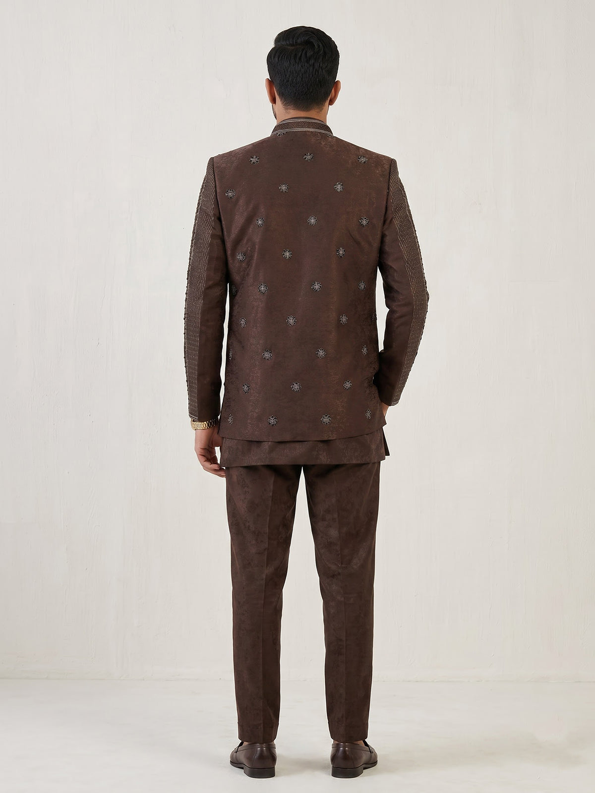 Brown men sculpted embroidered indo western