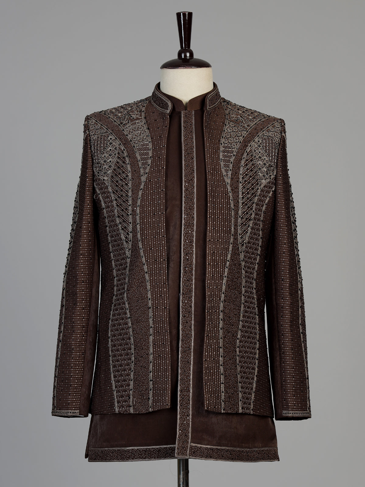 Brown men sculpted embroidered indo western