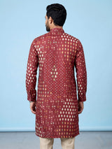 Maroon men geometric printed chinese kurta