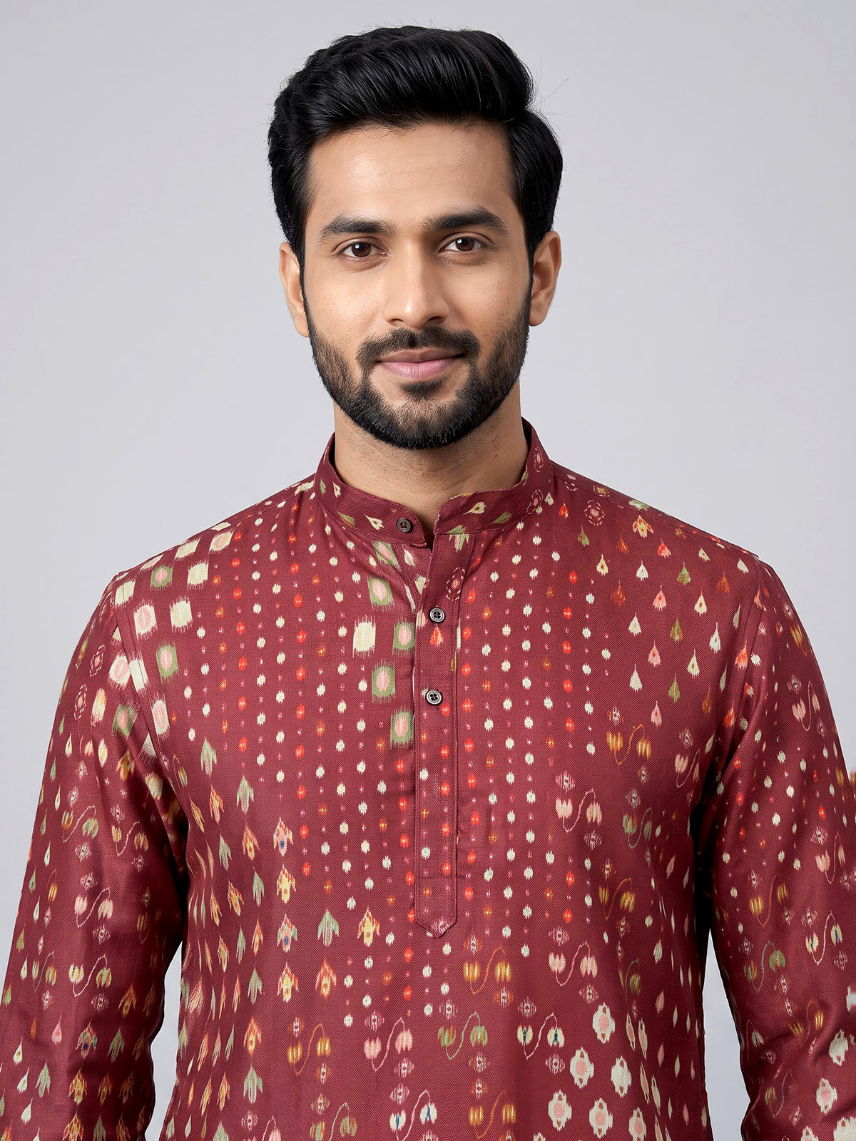 Maroon men geometric printed chinese kurta