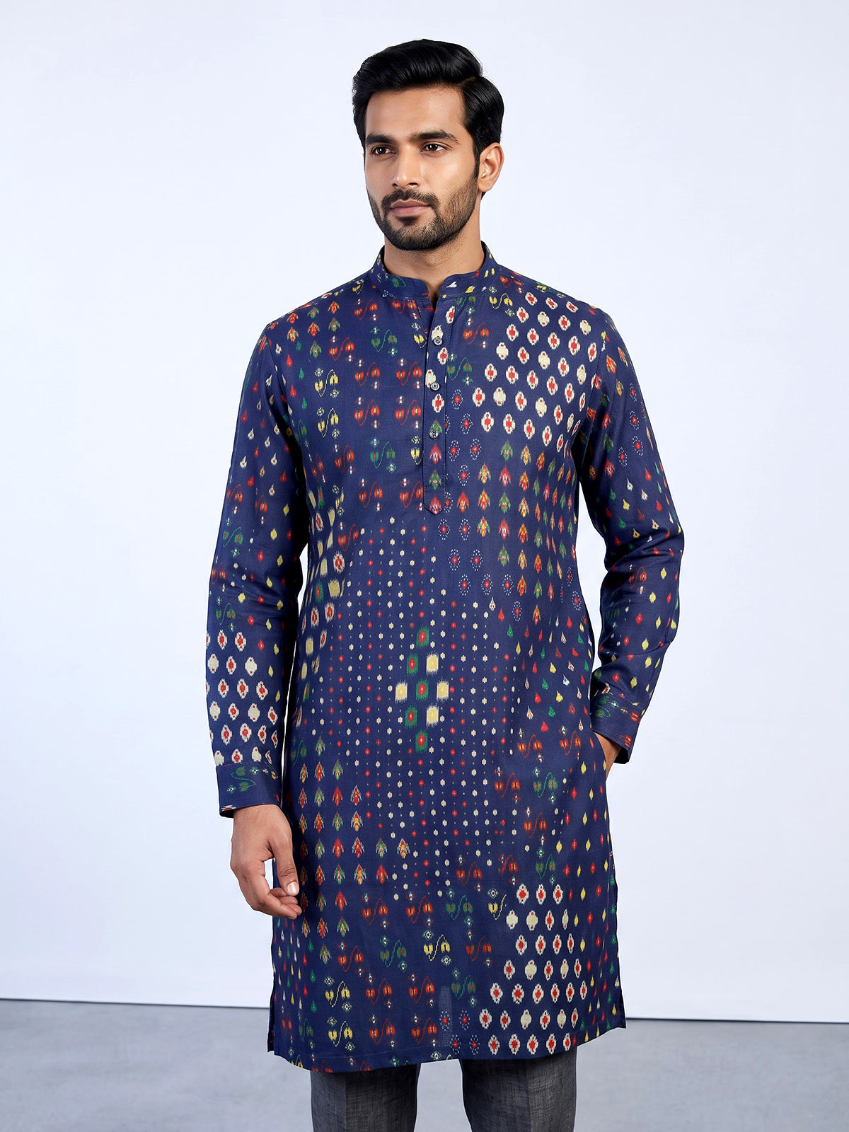 Blue men geometric printed chinese kurta
