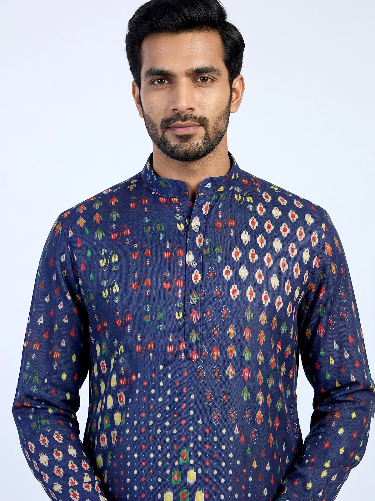 Blue men geometric printed chinese kurta