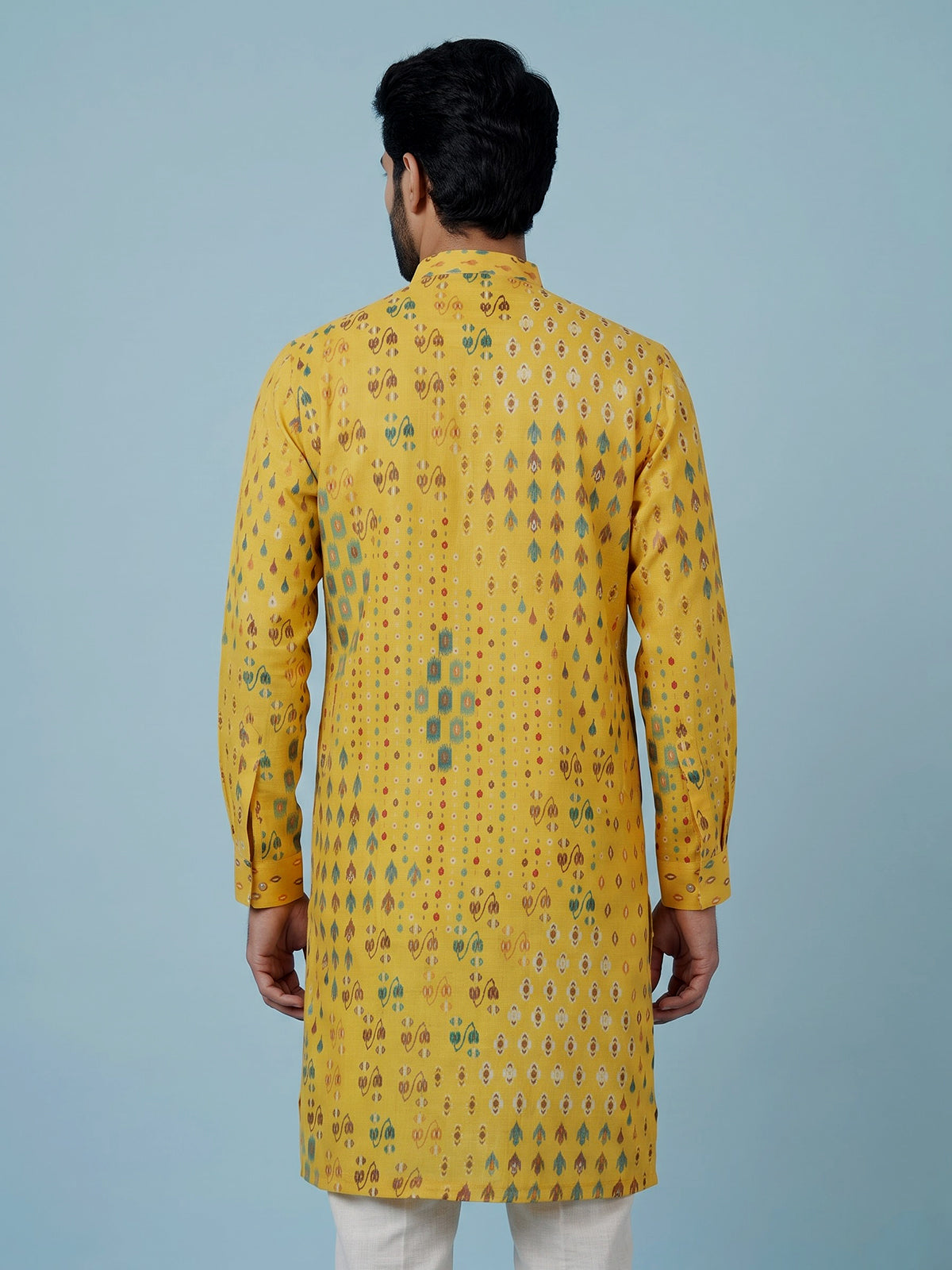 Yellow men geometric printed chinese kurta
