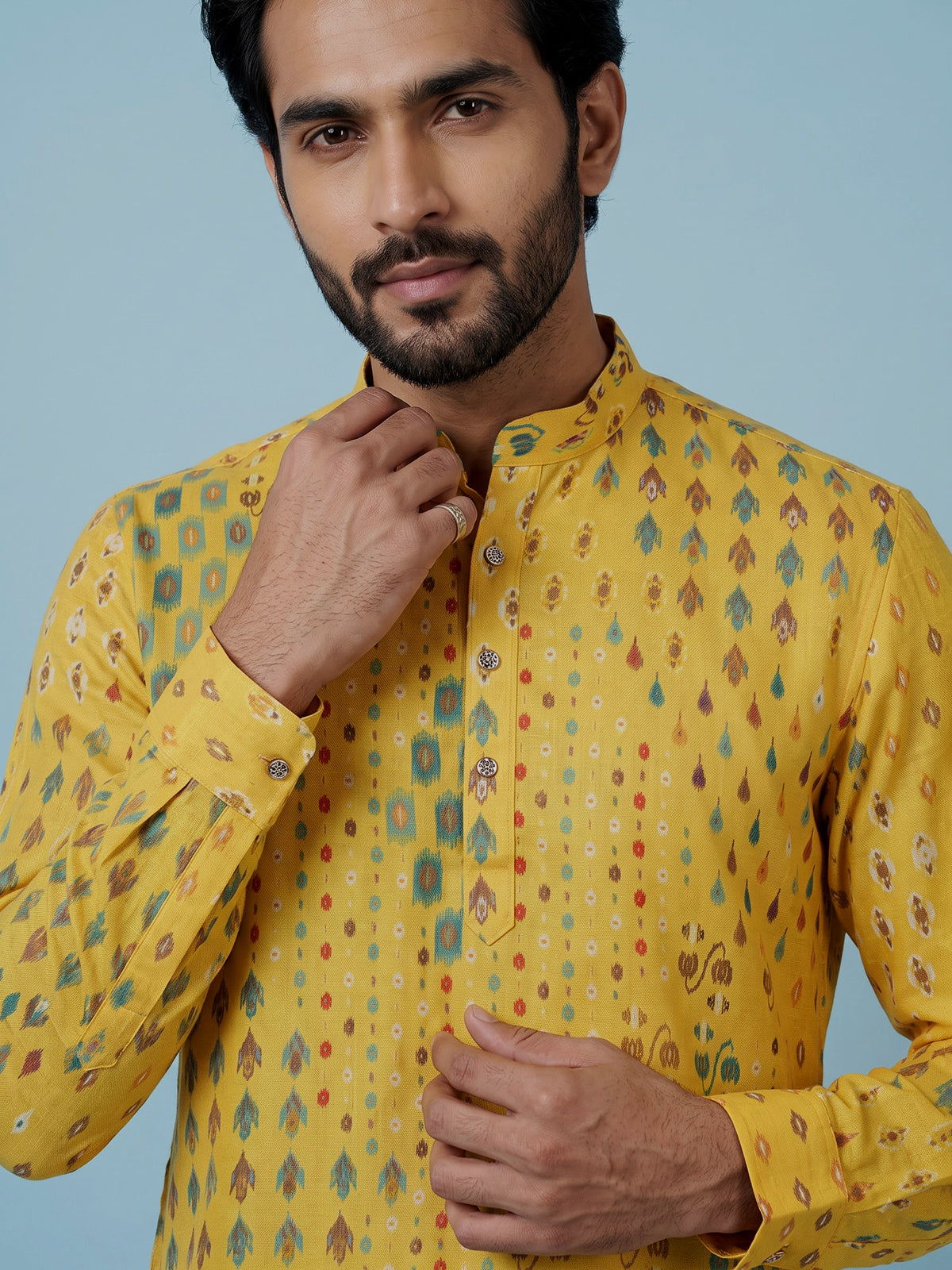 Yellow men geometric printed chinese kurta