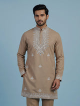 Dark beige men floral embellished chinese kurta