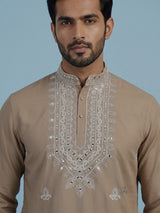 Dark beige men floral embellished chinese kurta