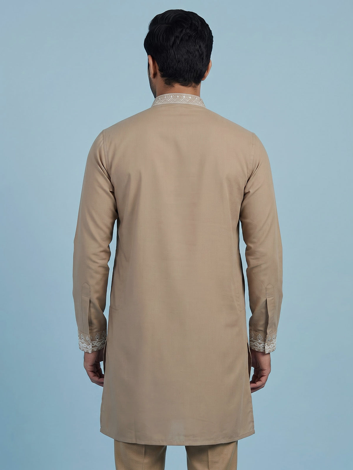 Dark beige men floral embellished chinese kurta