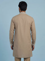 Dark beige men floral embellished chinese kurta