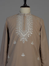 Dark beige men floral embellished chinese kurta