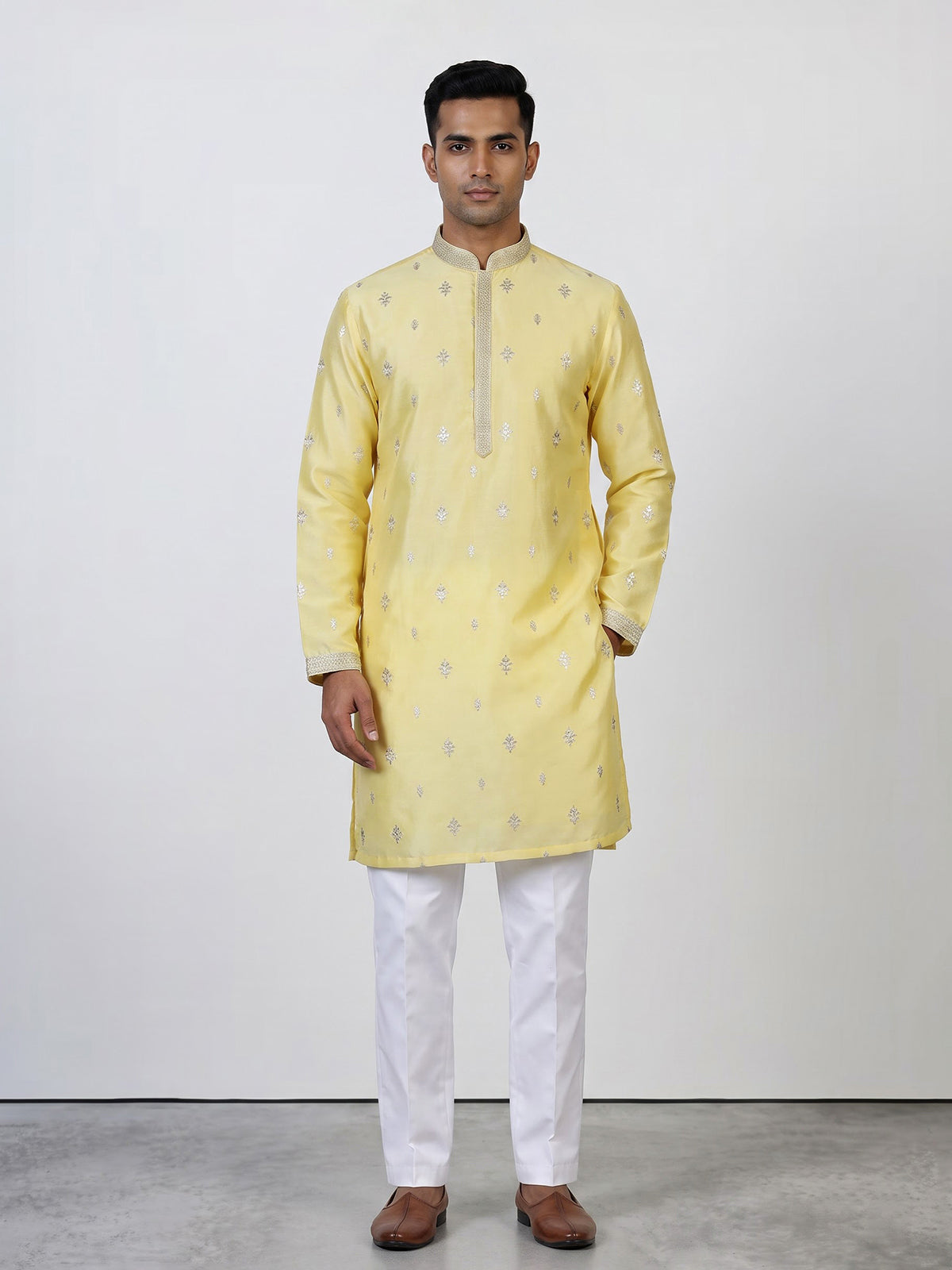 Lemon yellow men silver zari kurta suit