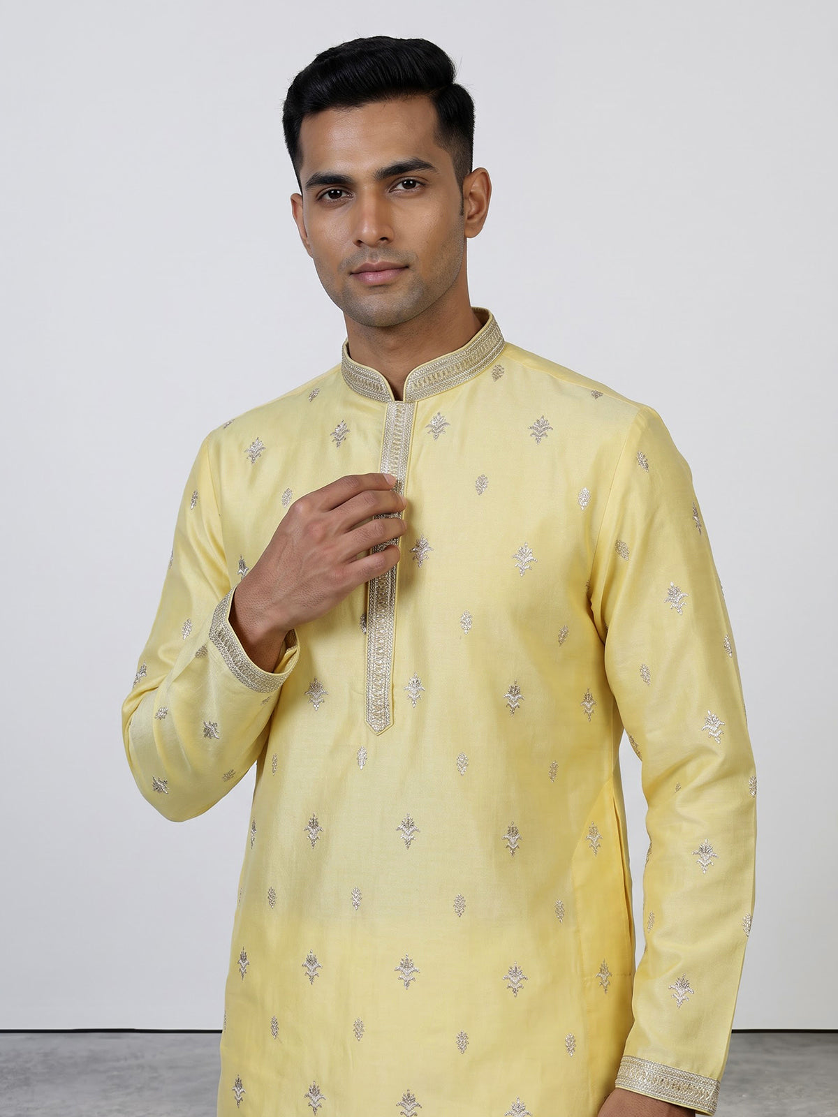 Lemon yellow men silver zari kurta suit