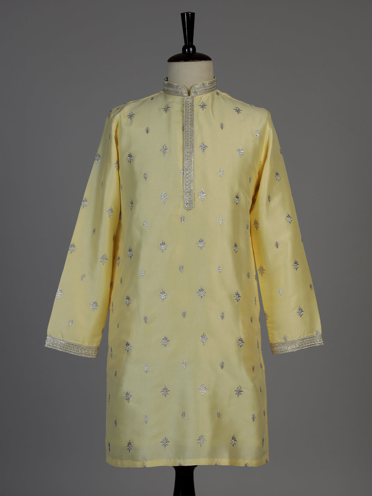 Lemon yellow men silver zari kurta suit