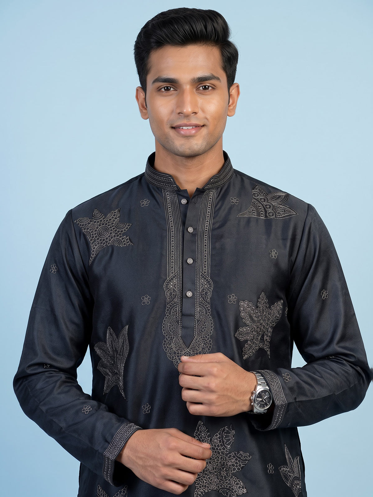 Blue men embroidered satin kurta