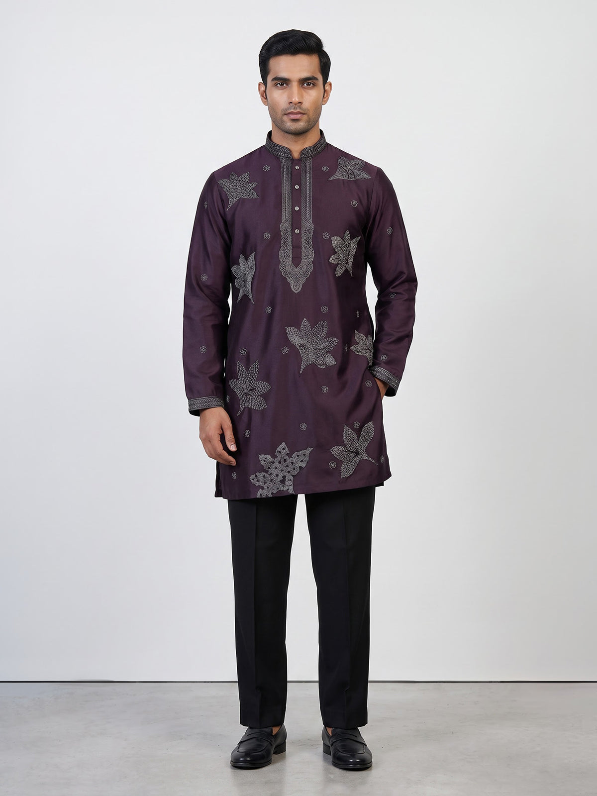 Wine men charcoal leaf kurta suit