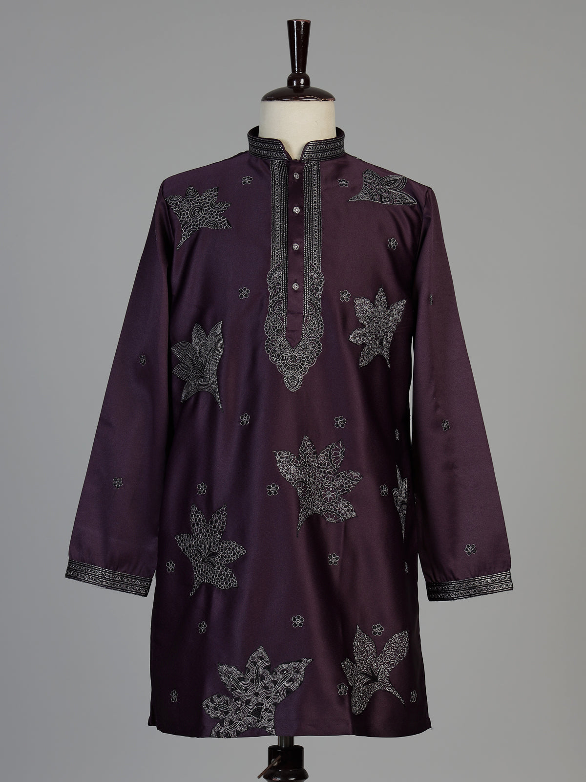 Wine men charcoal leaf kurta suit