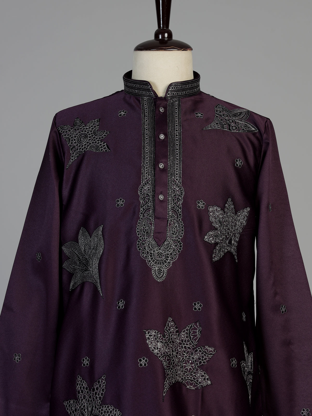 Wine men charcoal leaf kurta suit