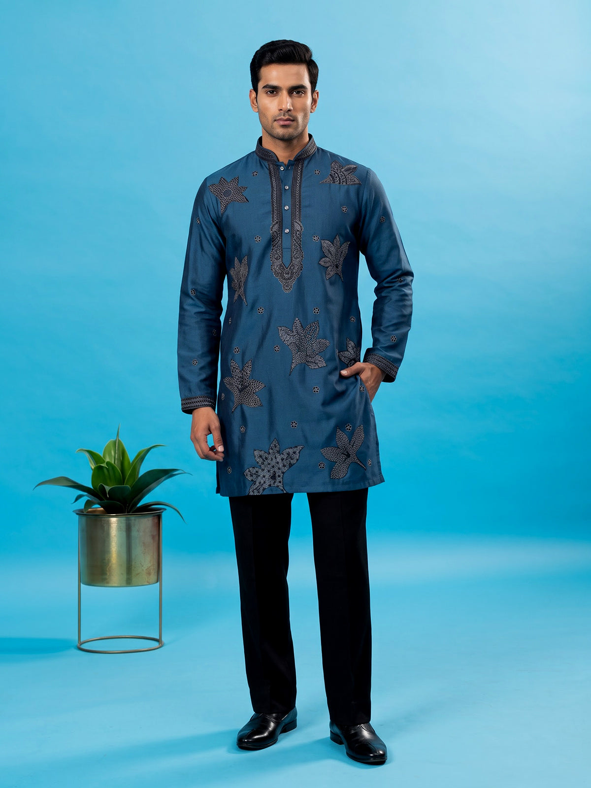 Teal blue men leaf motif kurta pajama