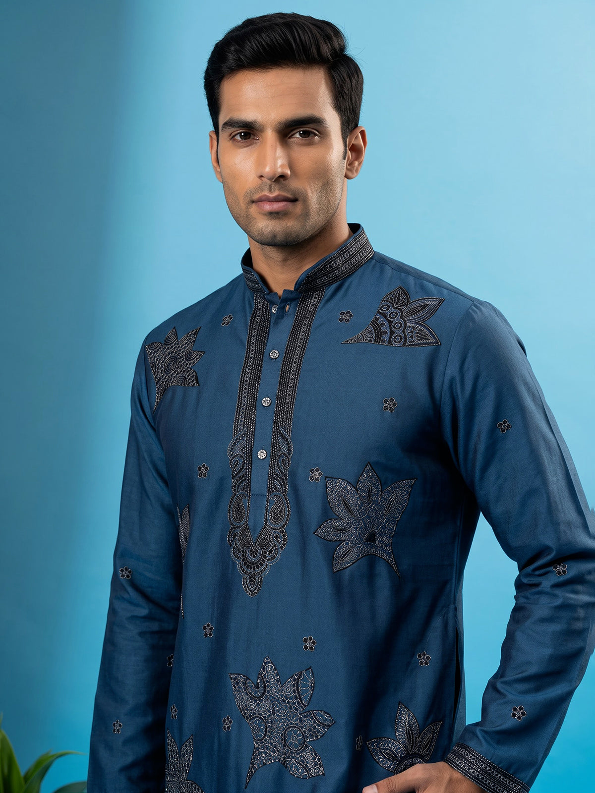 Teal blue men leaf motif kurta pajama