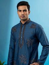Teal blue men leaf motif kurta pajama