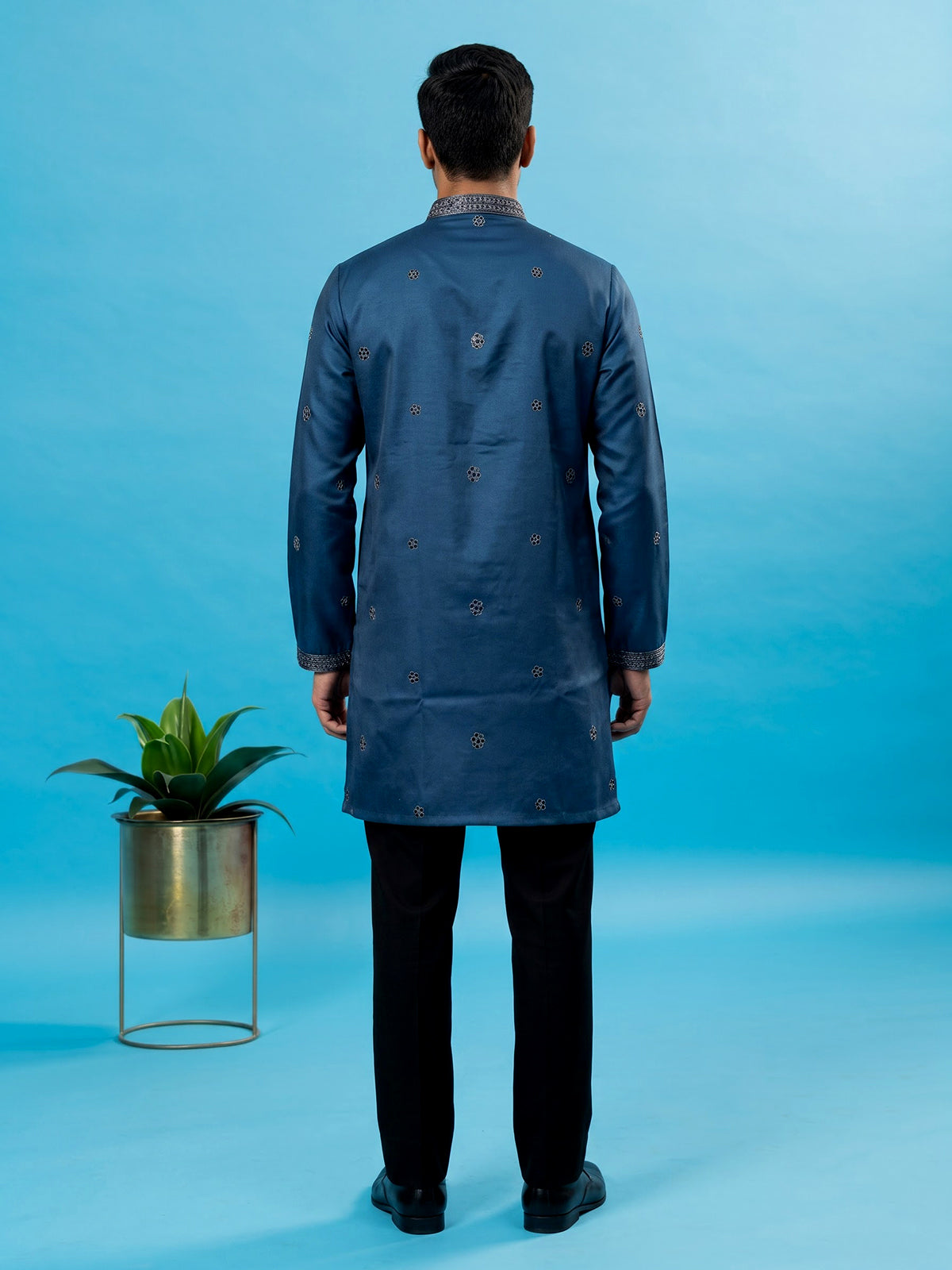 Teal blue men leaf motif kurta pajama