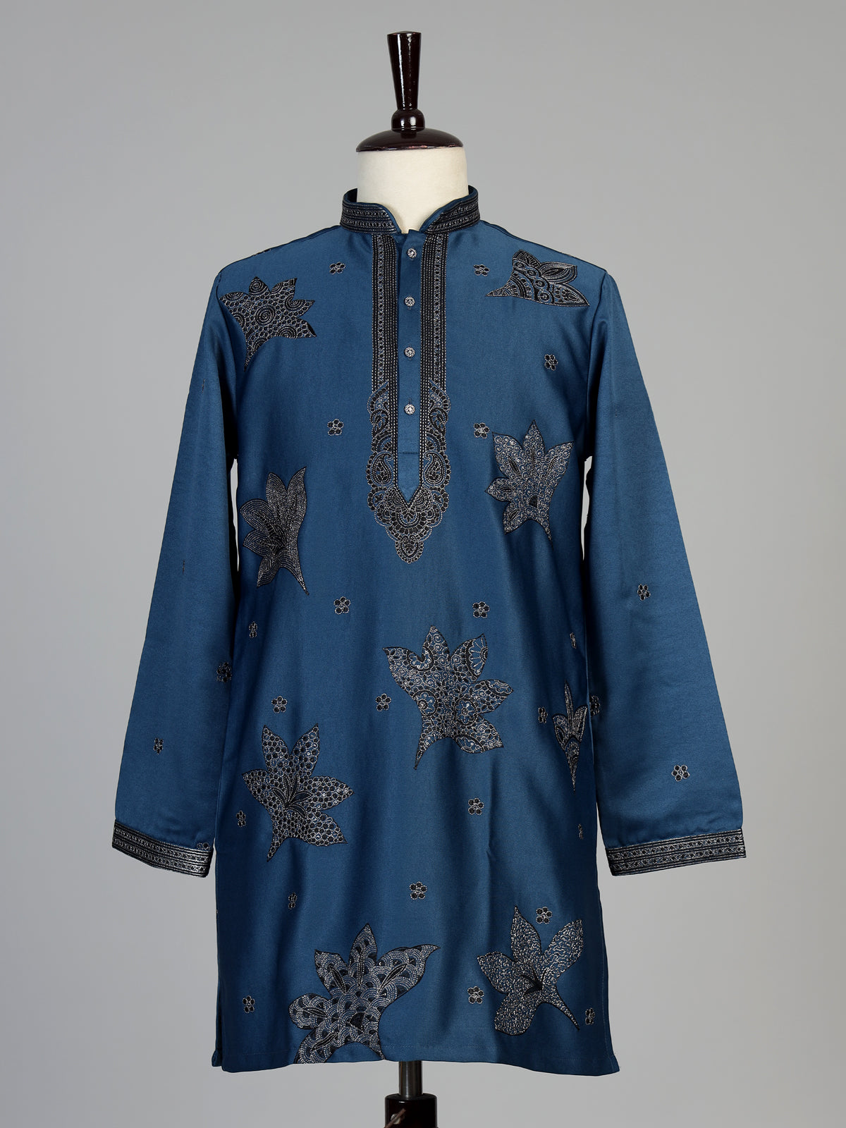 Teal blue men leaf motif kurta pajama