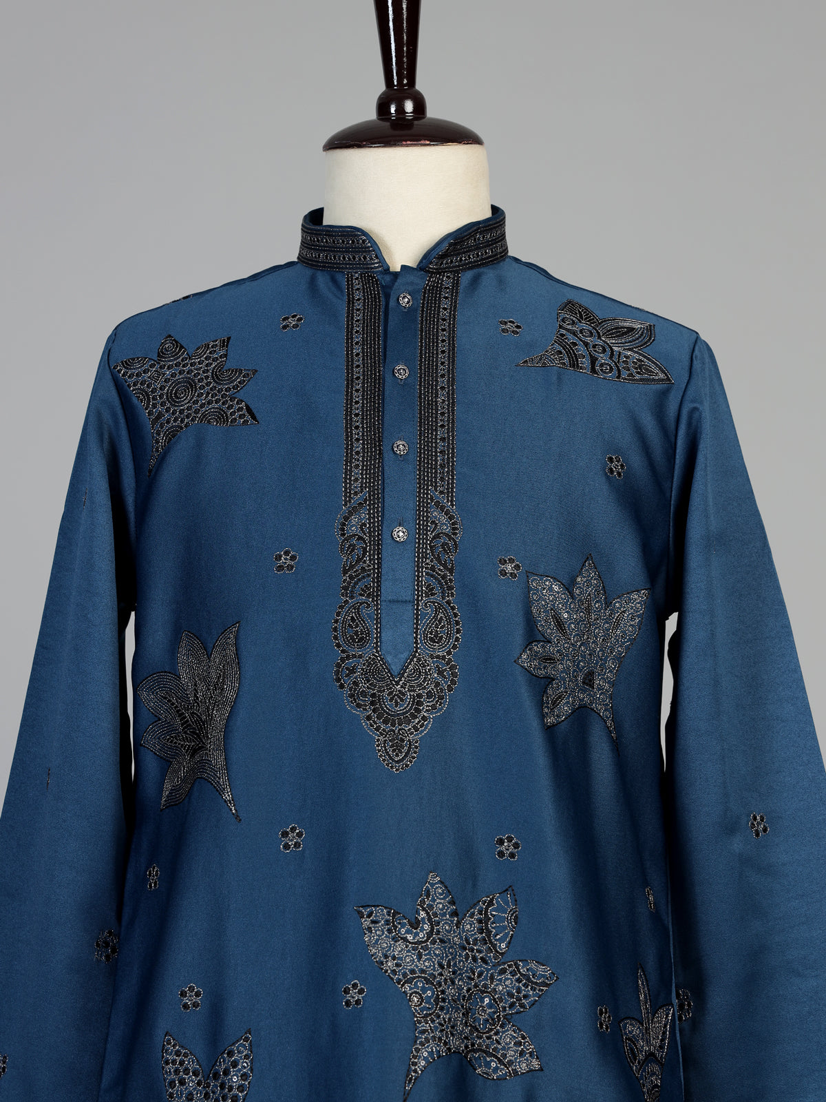 Teal blue men leaf motif kurta pajama