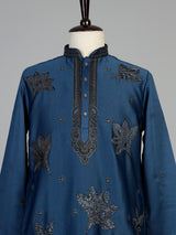 Teal blue men leaf motif kurta pajama