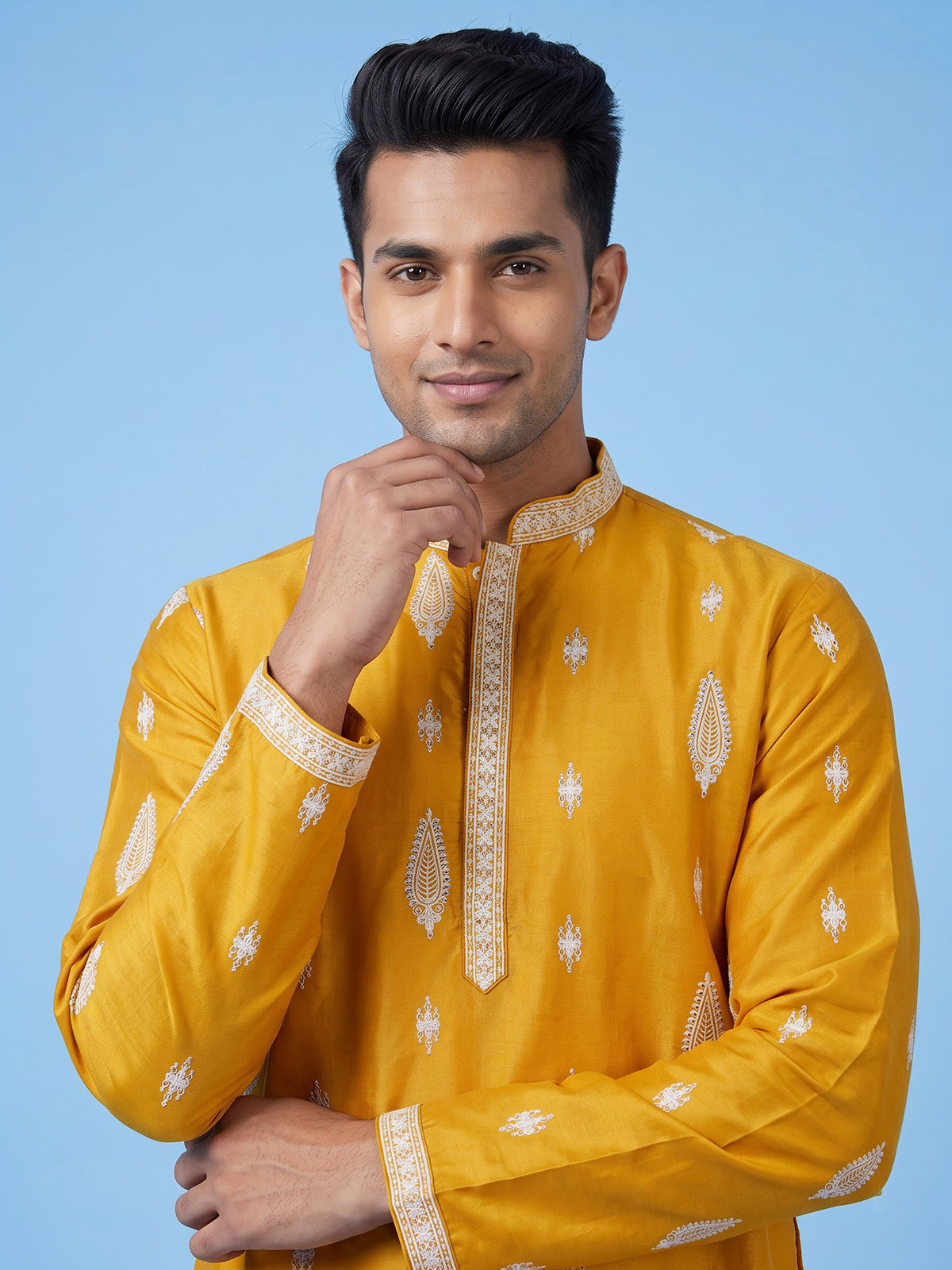 Mustard yellow men embroidered silk kurta suit