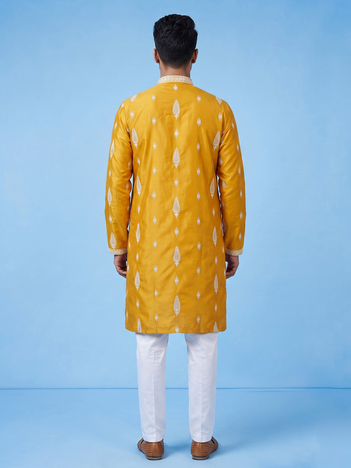 Mustard yellow men embroidered silk kurta suit