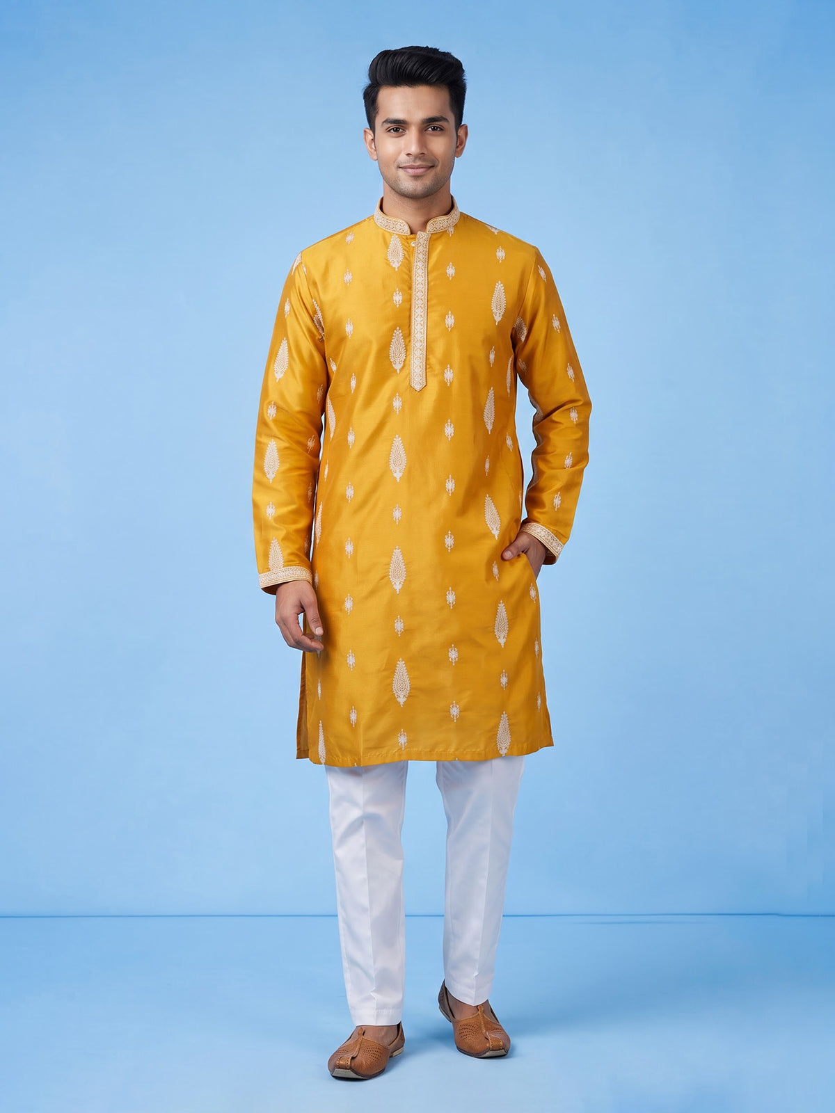 Mustard yellow men embroidered silk kurta suit