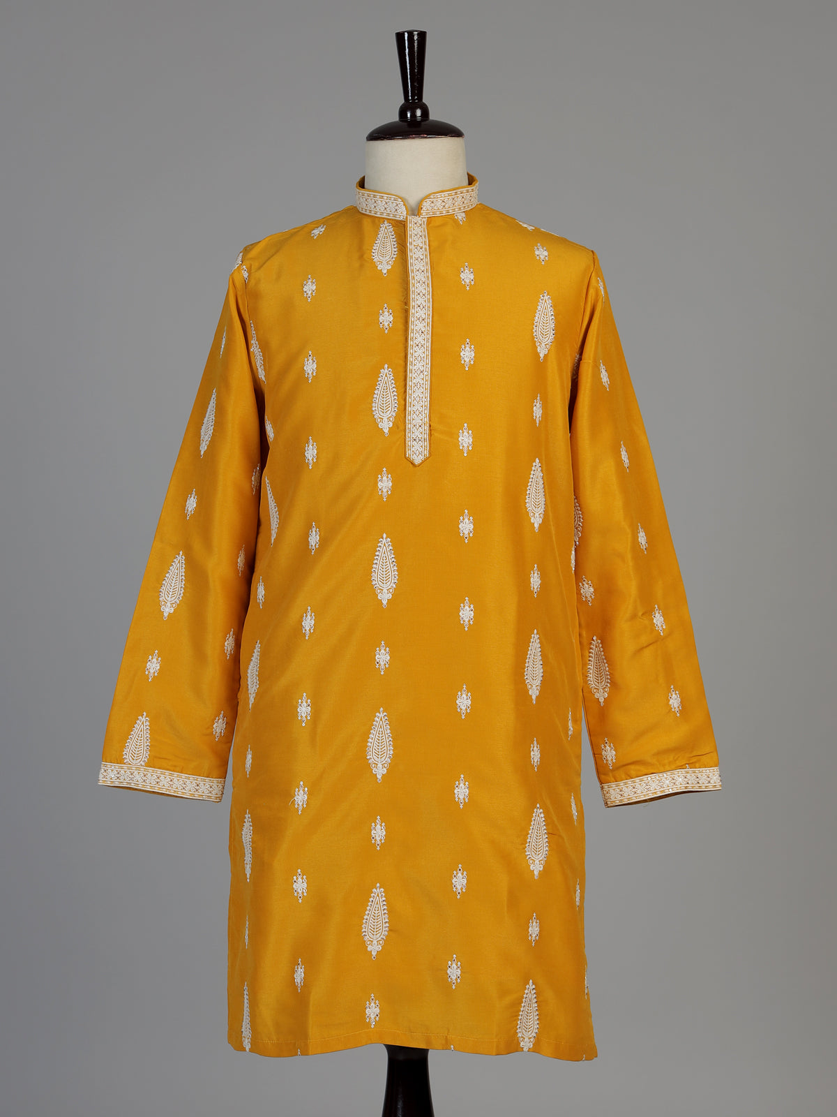 Mustard yellow men embroidered silk kurta suit