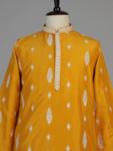 Mustard yellow men embroidered silk kurta suit