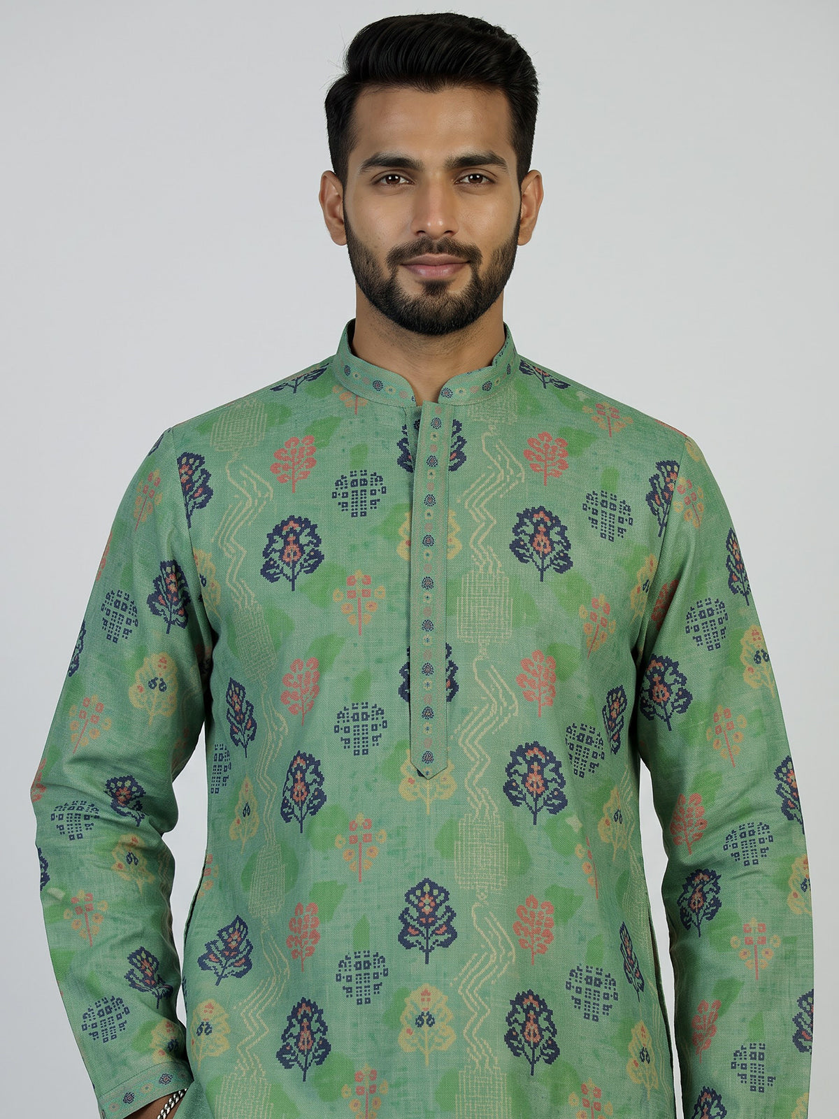 Green men folk motif kurta pajama