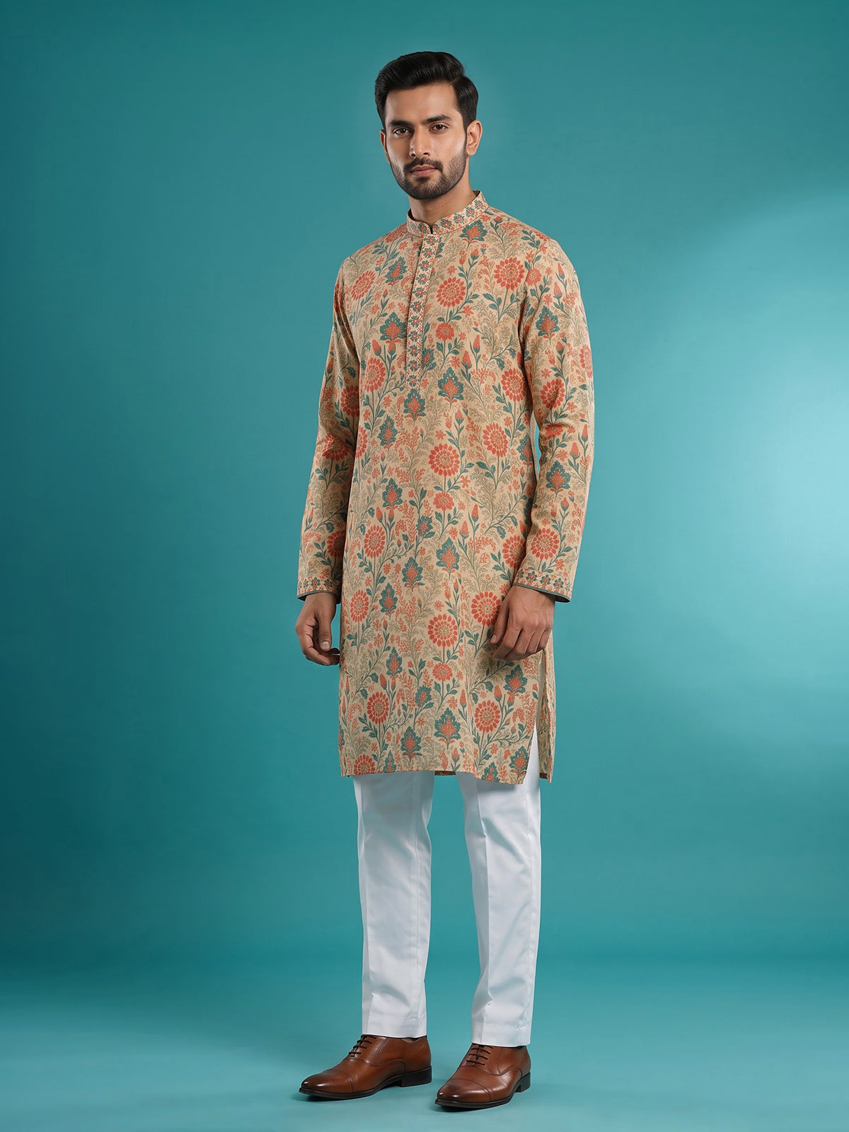 Cream men mughal garden kurta suit