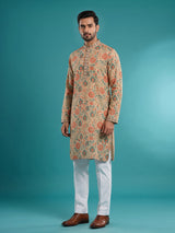 Cream men mughal garden kurta suit