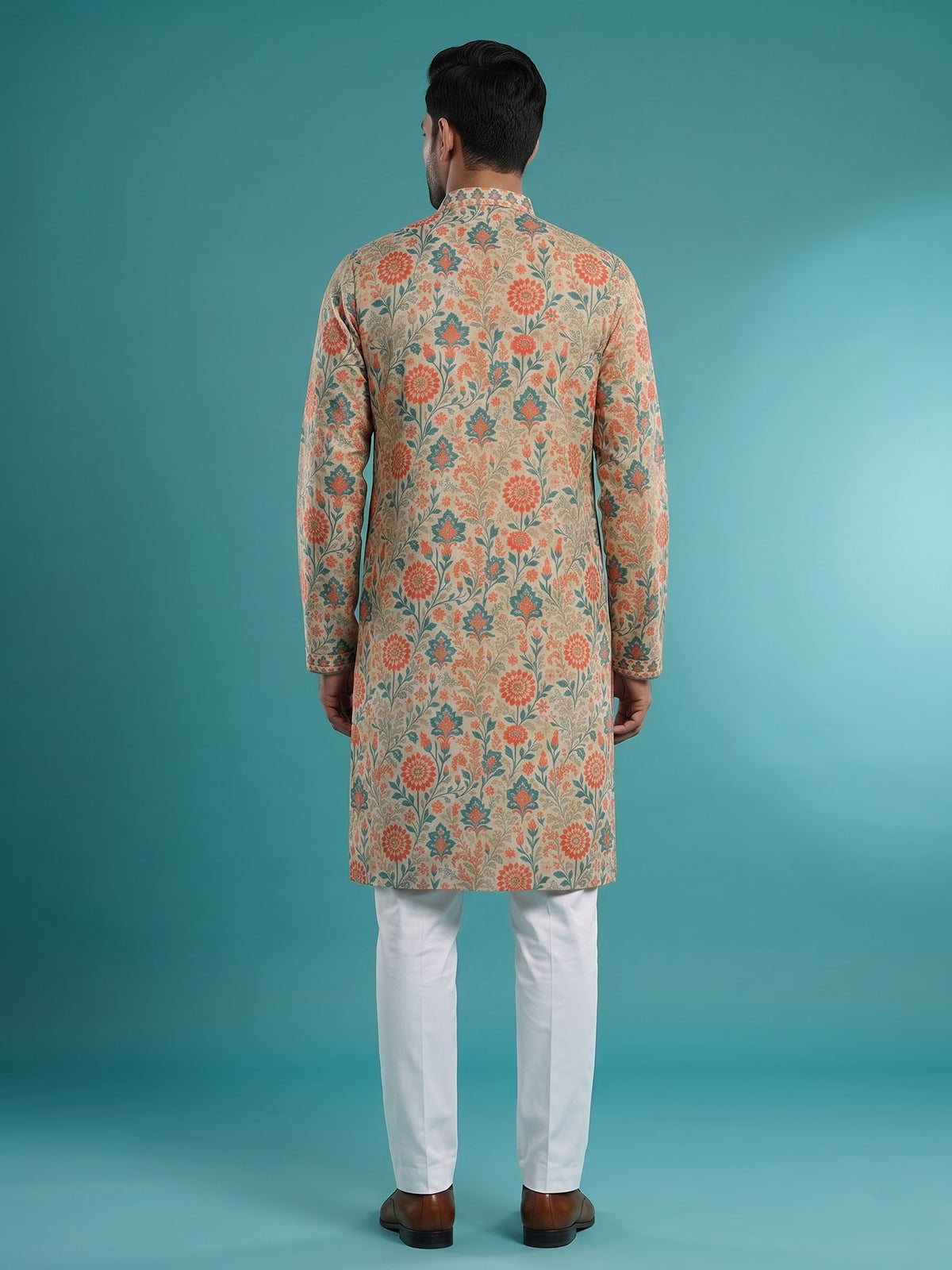 Cream men mughal garden kurta suit