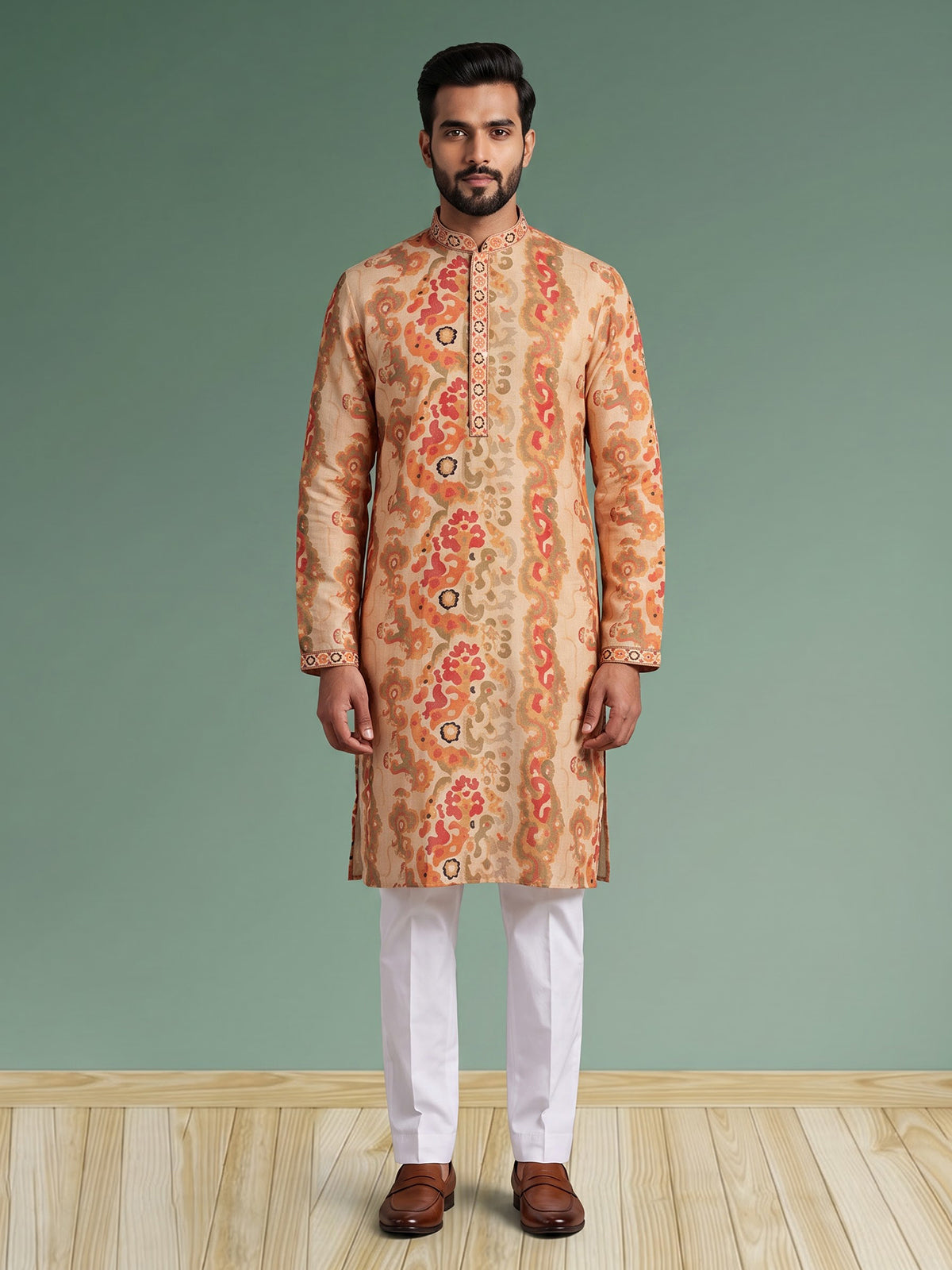 Beige men baroque paisley kurta pajama