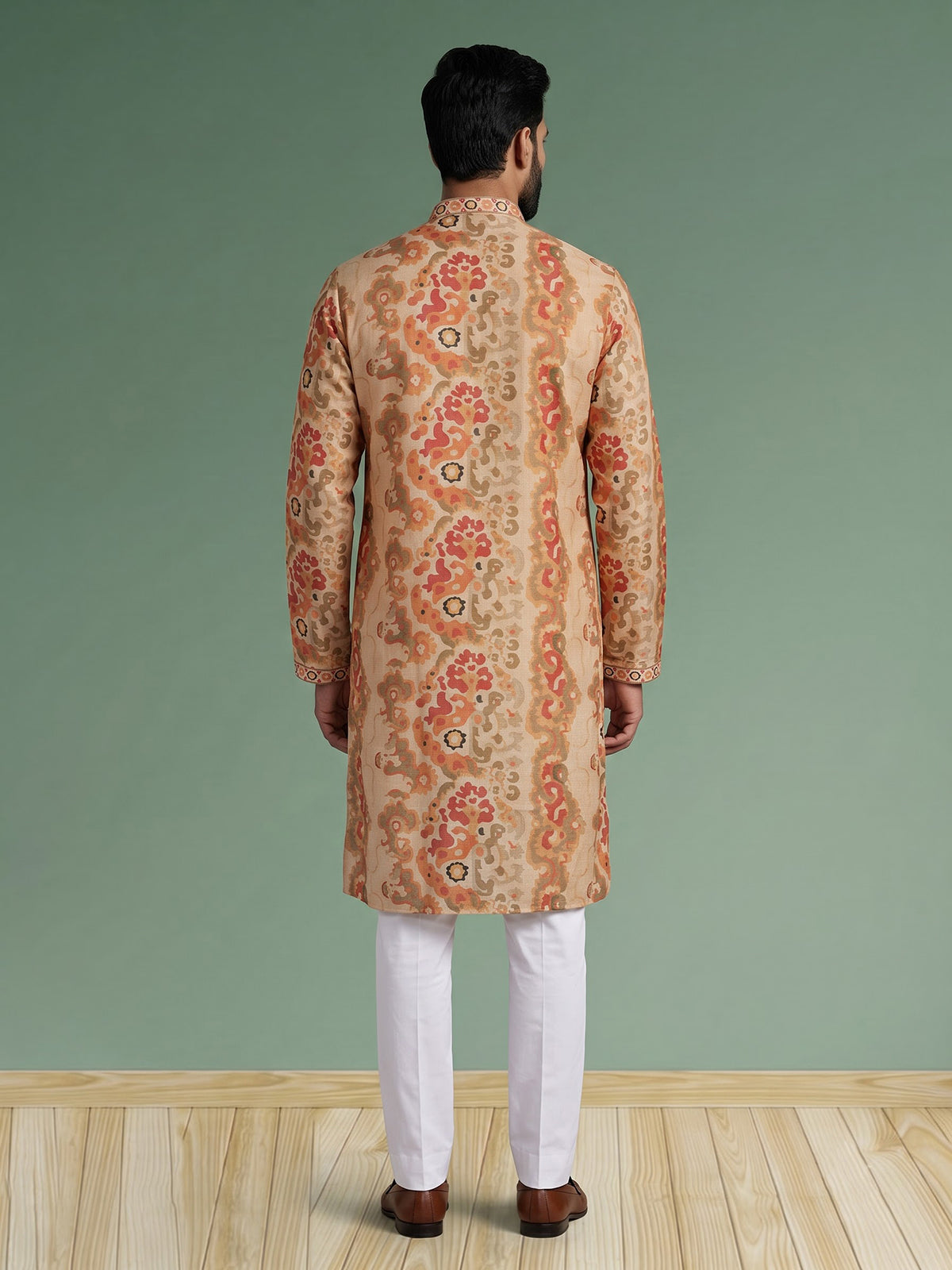 Beige men baroque paisley kurta pajama