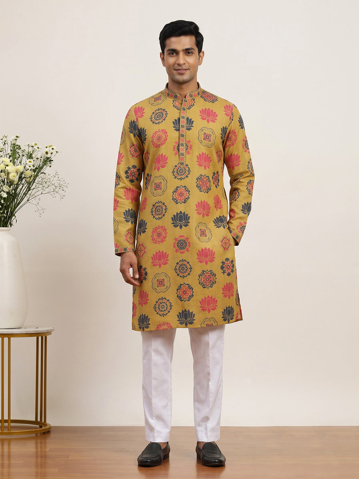 Yellow men lotus mandala kurta pajama