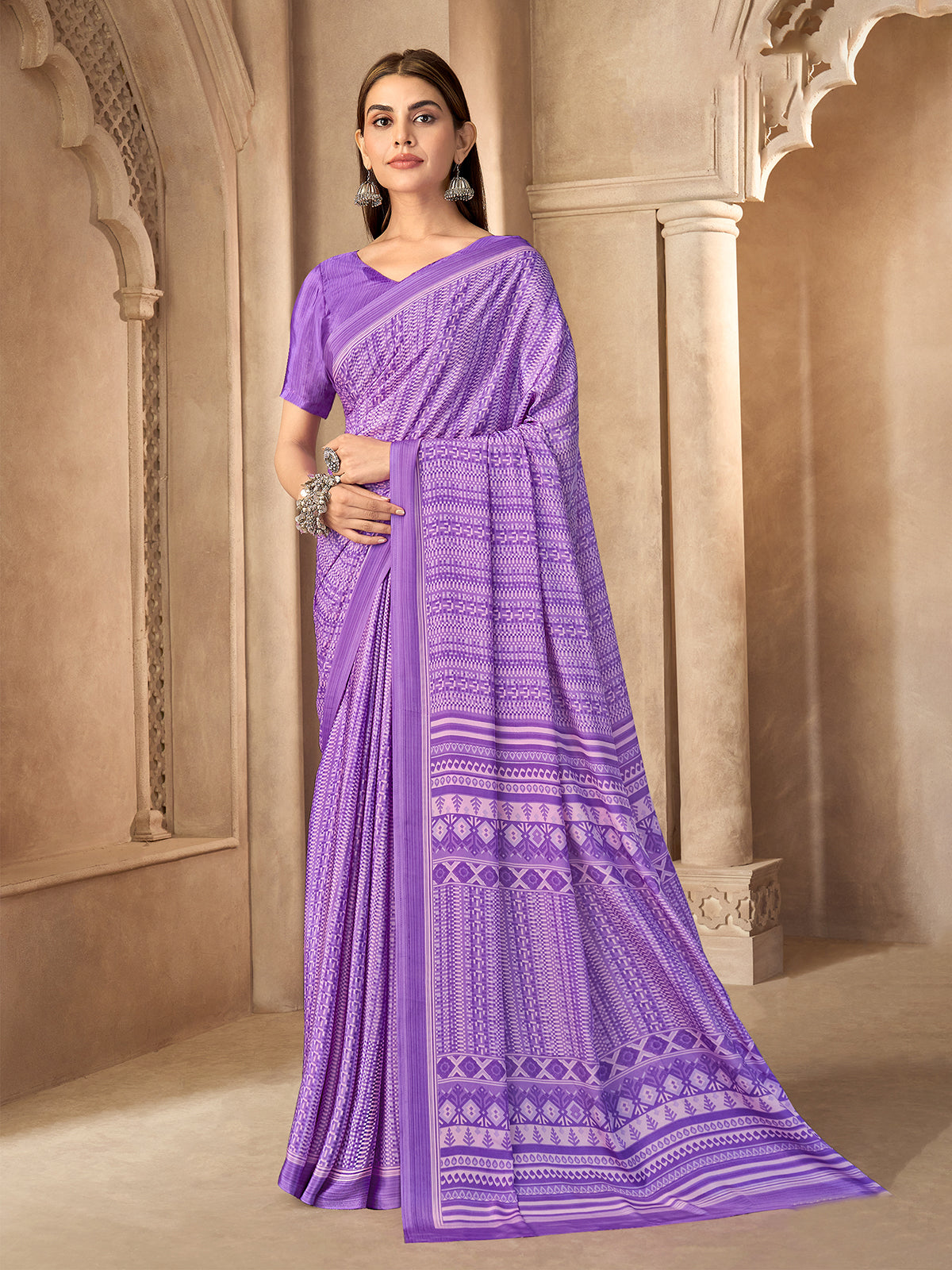 Purple crepe silk printed saree with unstitched blouse
